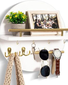 Boho Wall Decor Key Holder – White Entryway Rack with Shelf & Hooks