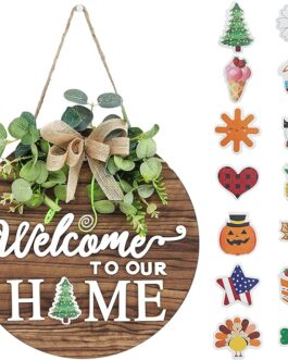 Interchangeable Welcome Sign – Rustic Round Wood Wreath for All Seasons & Holidays