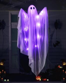 Halloween Hanging Ghost Decoration – White Ghost with Purple LED Light