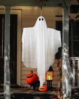 Halloween Hanging Ghost Decoration – White Ghost with Purple LED Light