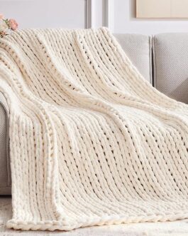 Handmade Chunky Knit Blanket – Machine Washable Cream Throw for Bed & Sofa