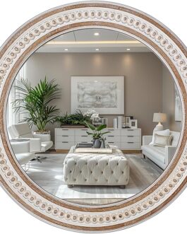 Boho Accent Round Mirror – 24″ Wooden Frame for Bathroom & Bedroom Decor