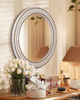 Boho Accent Round Mirror – 24″ Wooden Frame for Bathroom & Bedroom Decor