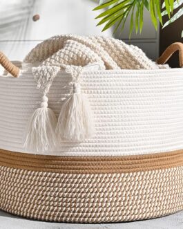 Large Cotton Rope Blanket Basket – 20″x13″ White & Brown Woven Storage Hamper