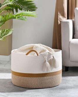 Large Cotton Rope Blanket Basket – 20″x13″ White & Brown Woven Storage Hamper