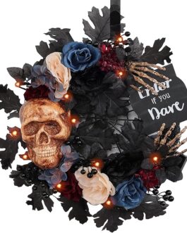 Halloween Door Wreath – 19-Inch Skeleton and Flower Decor