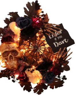 Halloween Door Wreath – 19-Inch Skeleton and Flower Decor